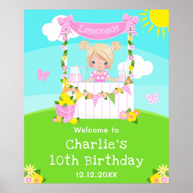 Pink Lemonade Blonde Hair Girl Birthday Welcome Poster (Front)