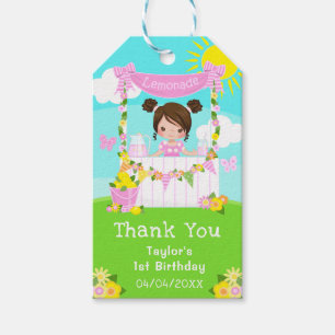 Pink Lemonade Brown Hair Girl Birthday Thank You Gift Tags