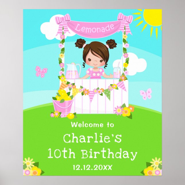Pink Lemonade Brown Hair Girl Birthday Welcome Poster (Front)
