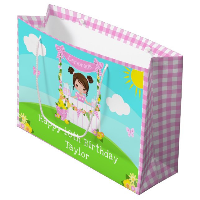 Pink Lemonade Brown Hair Girl Happy Birthday Large Gift Bag (Front Angled)