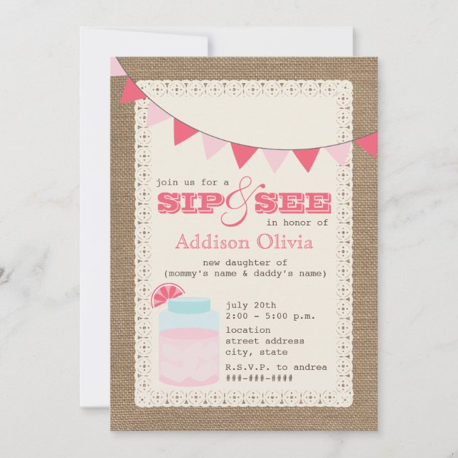 Pink Lemonade Burlap Inspired Sip & See Baby Girl Invitation (Front)