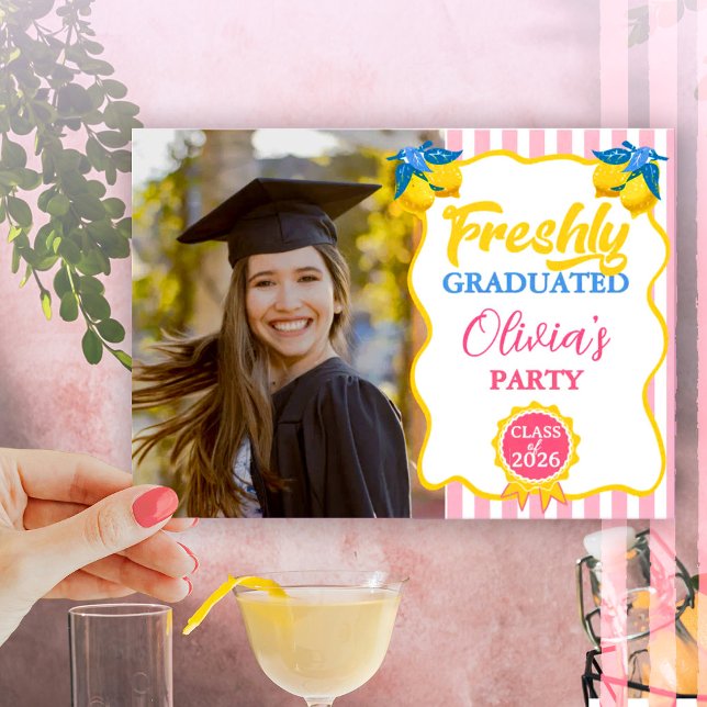 Pink Lemonade Freshly Graduated Photo & QR Code Invitation (Creator Uploaded)