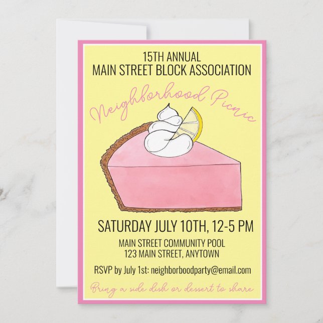 Pink Lemonade Icebox Lemon Pie Slice Picnic Food Invitation (Front)