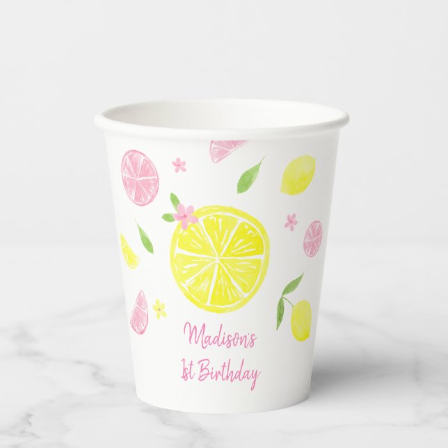 Pink Lemonade Lemon Birthday Paper Cups (Front)