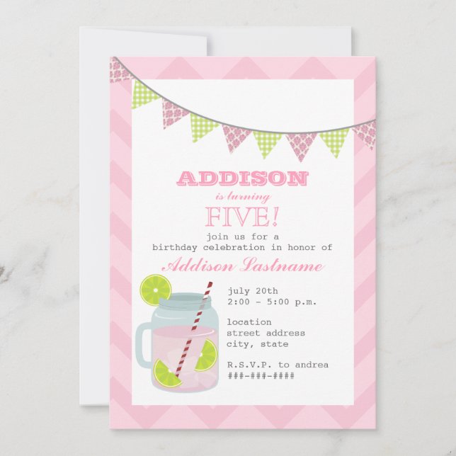 Pink Lemonade & Lime Chevron Birthday Invitation (Front)