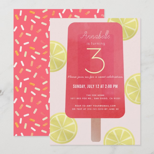 Pink Lemonade Popsicle Girl Birthday Invitation (Front/Back)