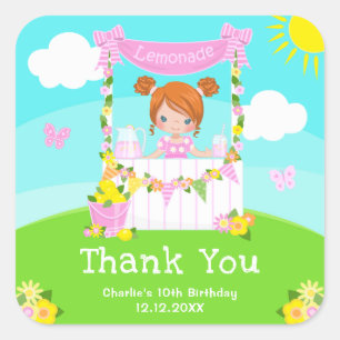 Pink Lemonade Red Hair Girl Birthday Thank You Square Sticker