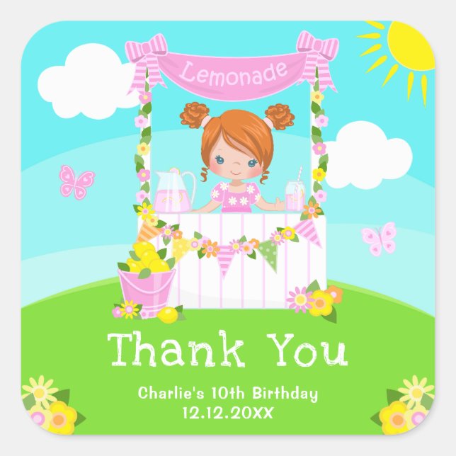Pink Lemonade Red Hair Girl Birthday Thank You Square Sticker (Front)
