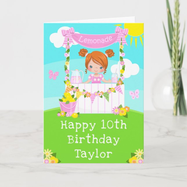 Pink Lemonade Red Hair Girl Happy Birthday  Card (Front)