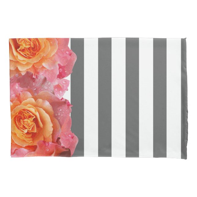Pink Lemonade Roses & Thick White Grey Stripes Pillowcase (Front)