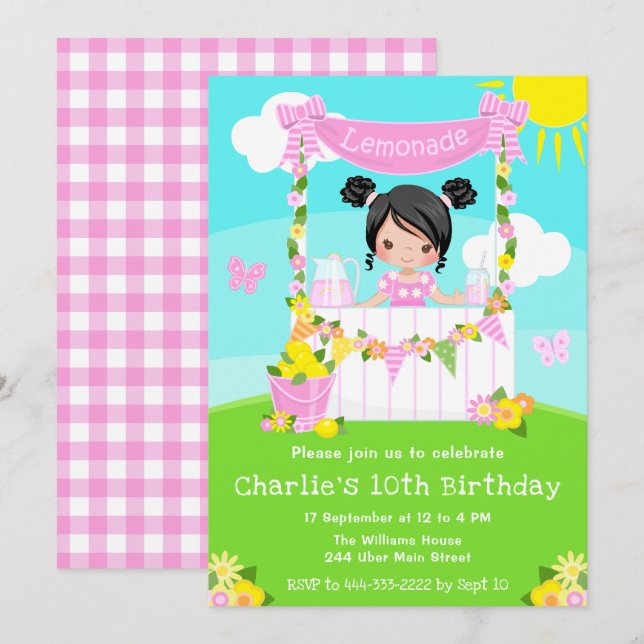 Pink Lemonade Stand Birthday Black Hair Girl Invitation (Front/Back)