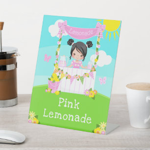 Pink Lemonade Stand Birthday Black Hair Girl Pedestal Sign