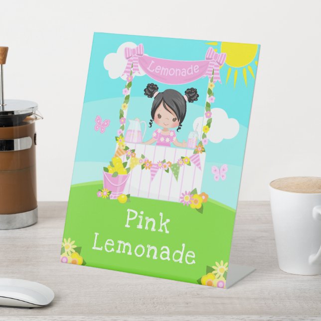Pink Lemonade Stand Birthday Black Hair Girl Pedestal Sign (In SItu)
