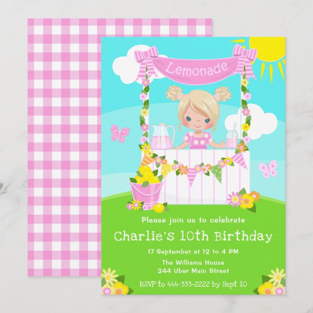 Pink Lemonade Stand Birthday Blonde Hair Girl Invitation (Front/Back)