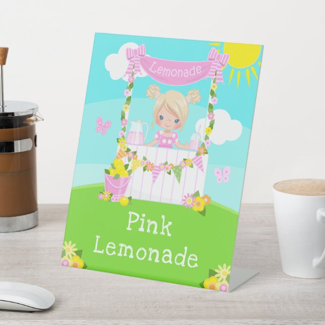 Pink Lemonade Stand Birthday Blonde Hair Girl Pedestal Sign (In SItu)