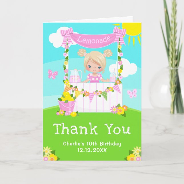Pink Lemonade Stand Birthday Blonde Hair Girl Thank You Card (Front)