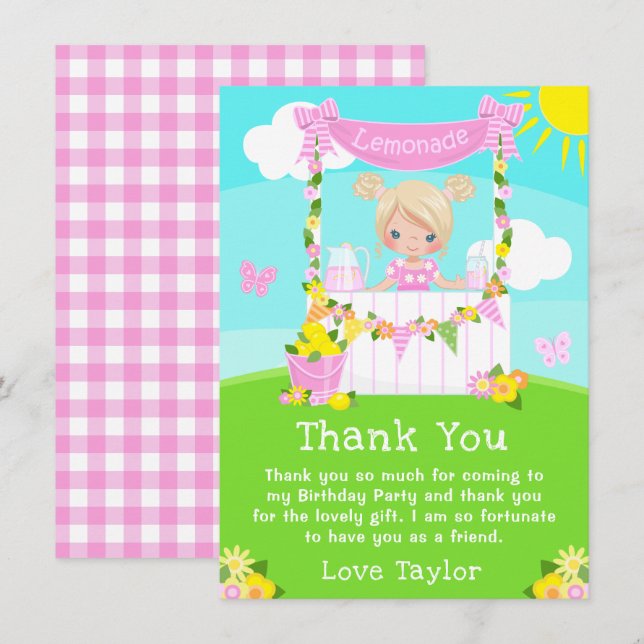 Pink Lemonade Stand Birthday Blonde Hair Girl Thank You Card (Front/Back)