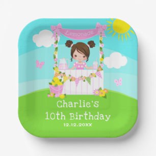 Pink Lemonade Stand Birthday Brown Hair Girl Paper Plate