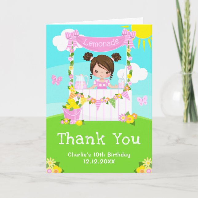 Pink Lemonade Stand Birthday Brown Hair Girl Thank You Card (Front)