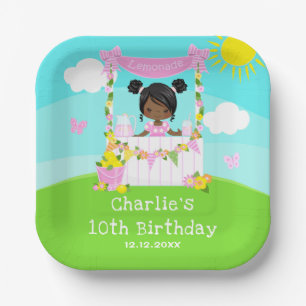 Pink Lemonade Stand Birthday Dark Skin Girl Paper Plate