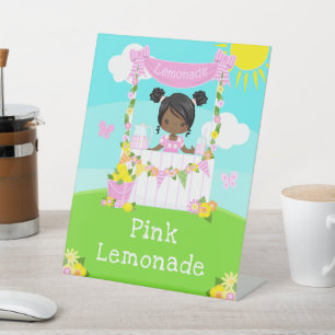 Pink Lemonade Stand Birthday Dark Skin Girl Pedestal Sign