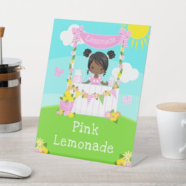 Pink Lemonade Stand Birthday Dark Skin Girl Pedestal Sign (In SItu)