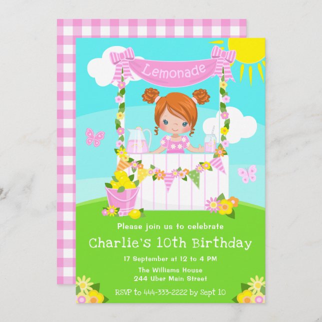 Pink Lemonade Stand Birthday Red Hair Girl Invitation (Front/Back)