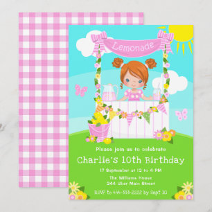 Pink Lemonade Stand Birthday Red Hair Girl Invitation
