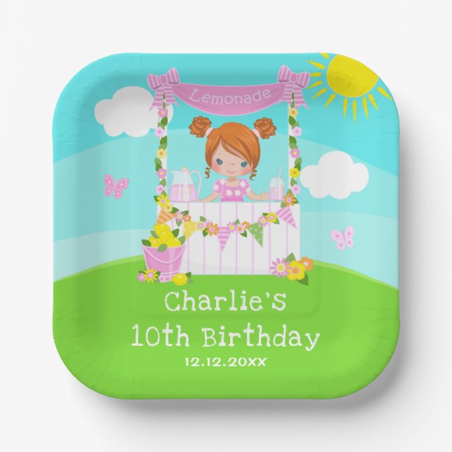 Pink Lemonade Stand Birthday Red Hair Girl Paper Plate (Front)