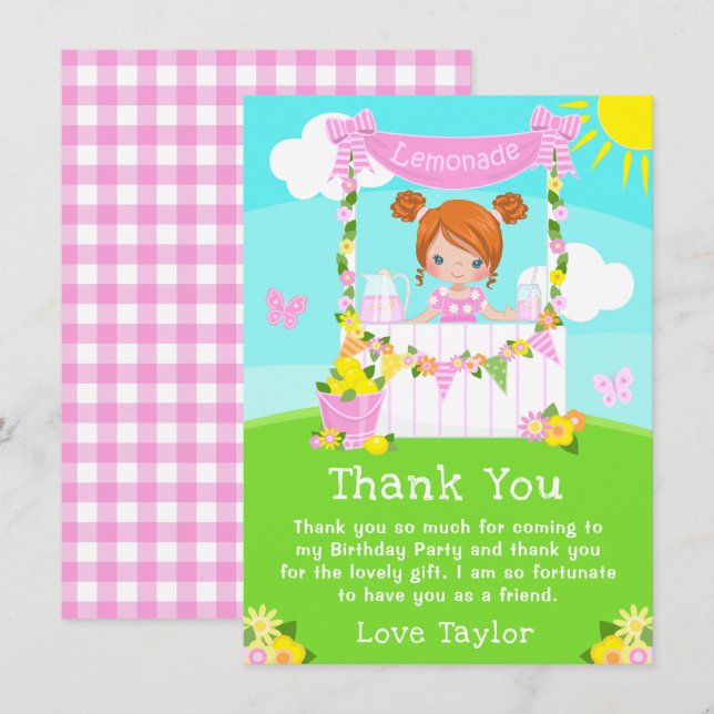 Pink Lemonade Stand Birthday Red Hair Girl Thank You Card (Front/Back)