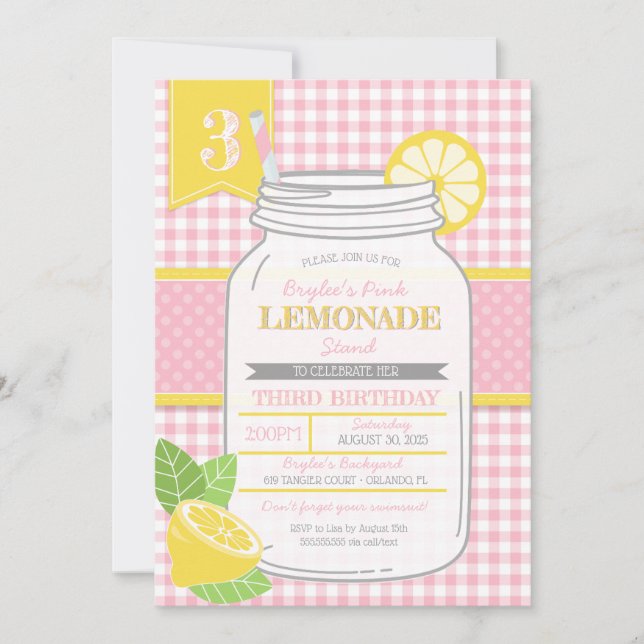 Pink Lemonade Stand Kids Birthday Party Invitation (Front)