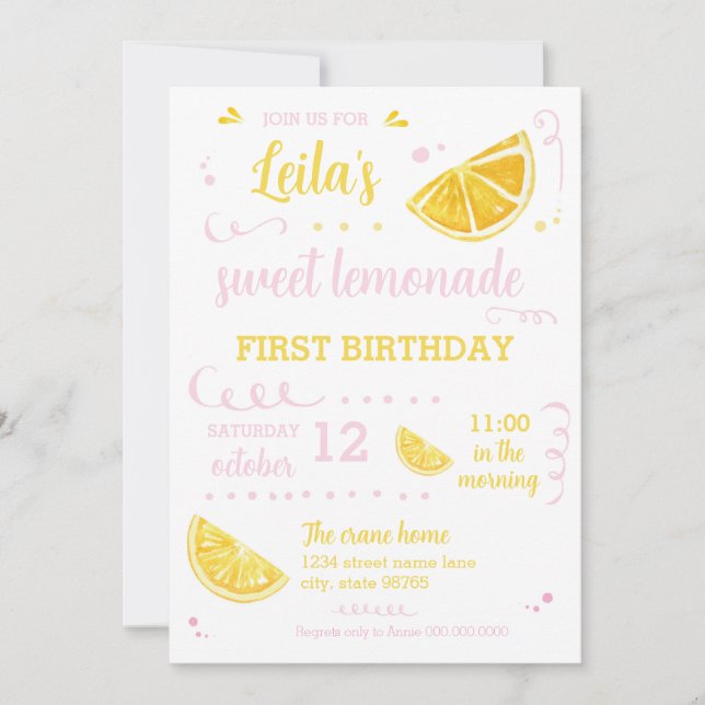 Pink Lemonade Summer First Birthday Party Download Invitation (Front)