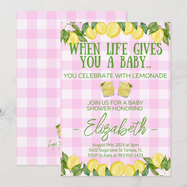 Pink Lemonade Themed Baby Shower Invitation (Front/Back)