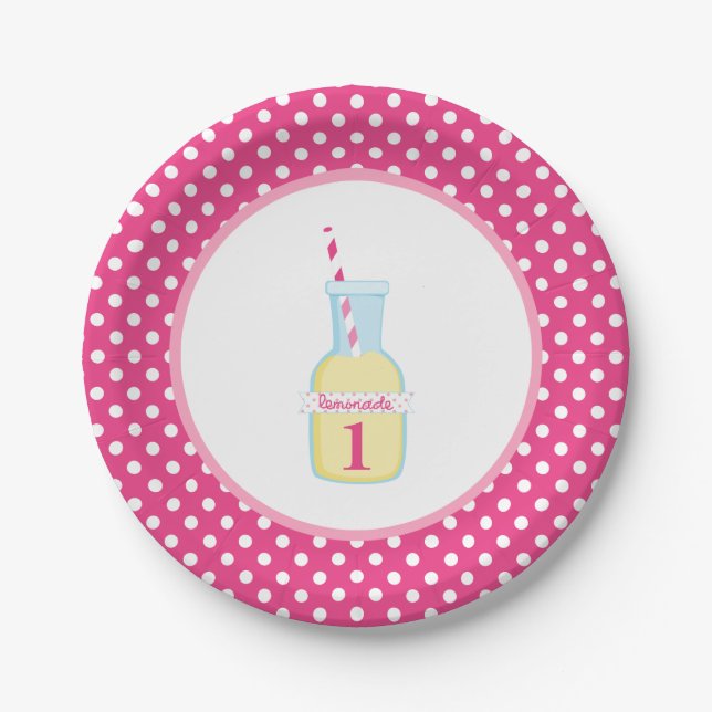 Pink Lemonade White Polka Dot 1st Birthday Paper Plate (Front)