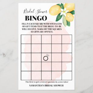 Pink Lemons Bridal Shower Bingo Game Card