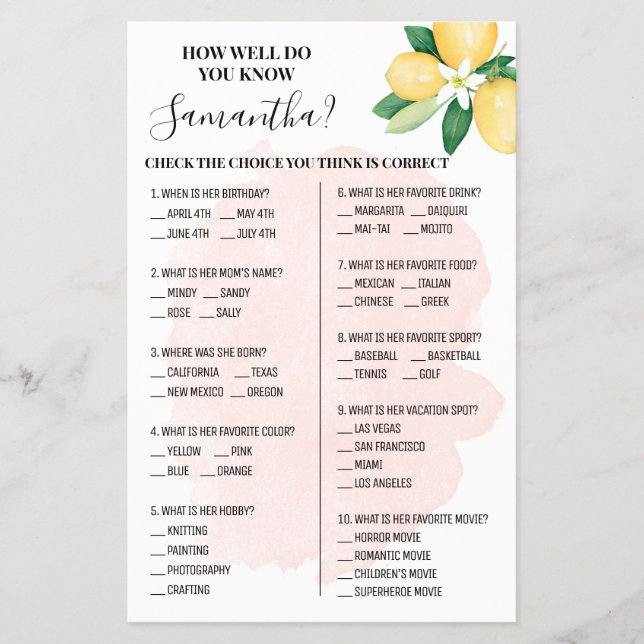 Pink Lemons How well do you know Bride Game Card (Front)