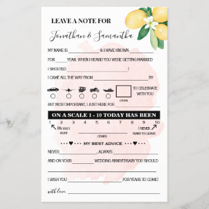 Pink Lemons Note for Couple Wedding Game Card