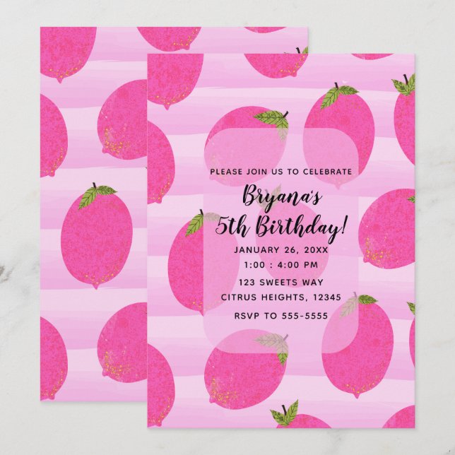 Pink Lemons Summer Fruit Bright Birthday Party Invitation (Front/Back)