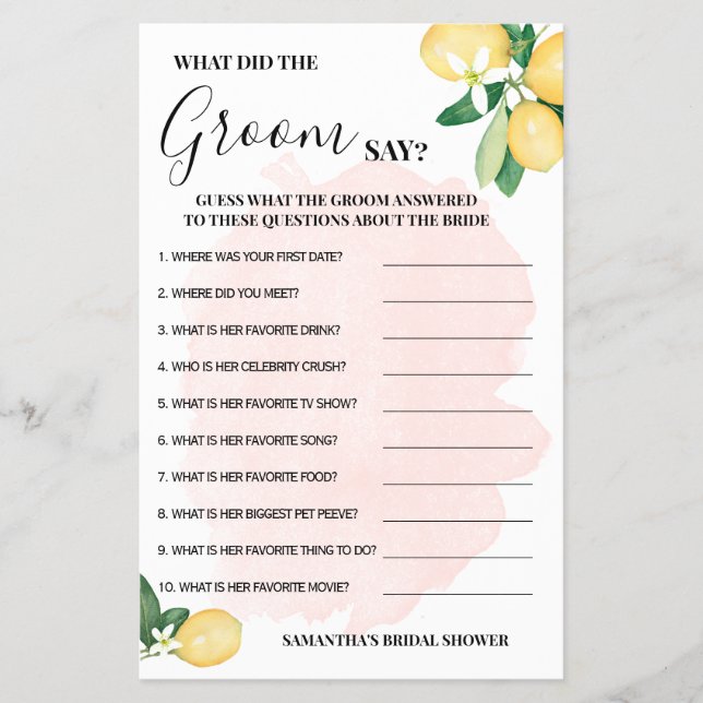 Pink Lemons What did Groom Say Shower Game Card (Front)