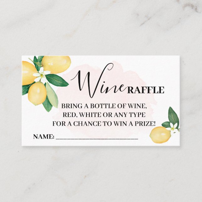Pink Lemons Wine Raffle Ticket Card Bridal Shower (Front)
