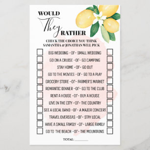 Pink Lemons Would They Rather Shower Game Card