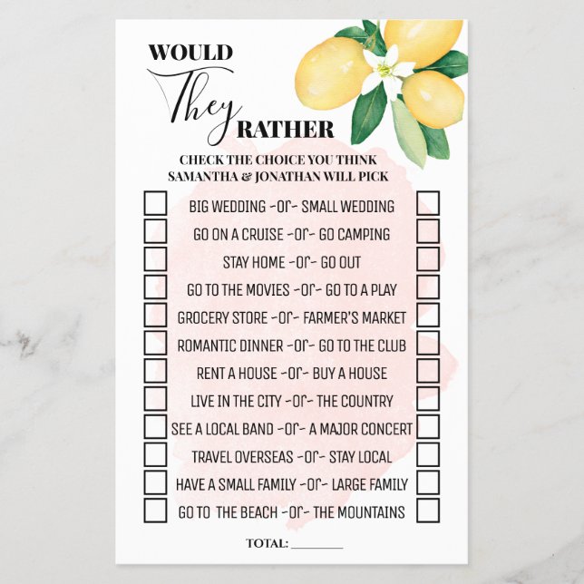 Pink Lemons Would They Rather Shower Game Card (Front)