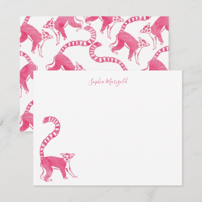 Pink Lemur Personalised Stationery Card (Front/Back)