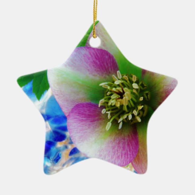 Pink Lenten Rose blue glass ball Ceramic Tree Decoration (Front)