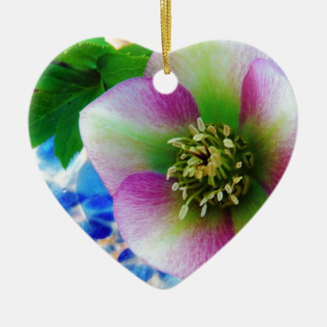Pink Lenten Rose blue glass ball Ceramic Tree Decoration (Front)