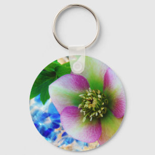 Pink Lenten Rose blue glass ball Key Ring