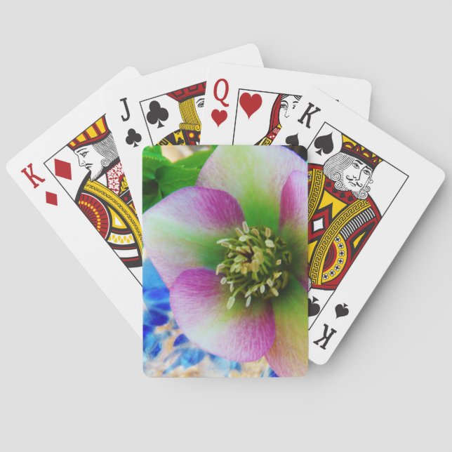 Pink Lenten Rose blue glass ball Playing Cards (Back)