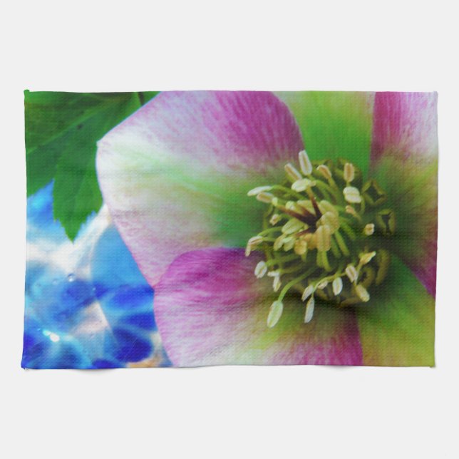 Pink Lenten Rose blue glass ball Tea Towel (Horizontal)