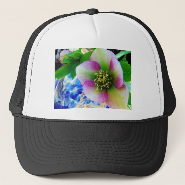 Pink Lenten Rose blue glass ball Trucker Hat (Front)