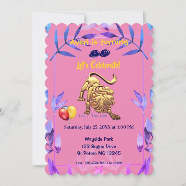 Pink  Leo (July 23 – Aug 22) birthday Invitation (Front)